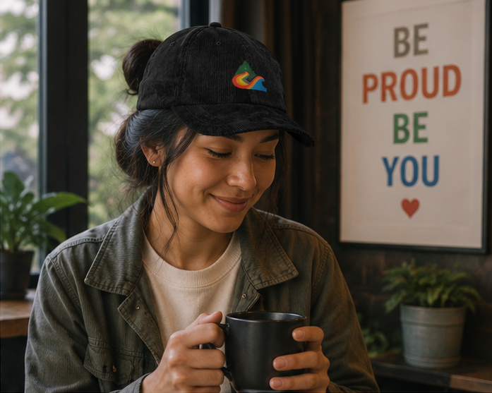 EverProud Logo Minimalist Corduroy Cap at a cozy Pacific Northwest café — queer-owned PNW Pride apparel, front view