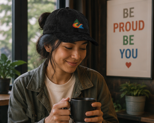 EverProud Logo Minimalist Corduroy Cap at a cozy Pacific Northwest café — queer-owned PNW Pride apparel, front view