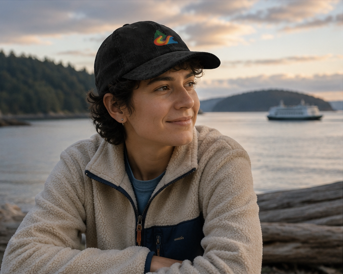 EverProud Logo Minimalist Corduroy Cap in a Pacific Northwest ferry view at golden hour — PNW Pride apparel, front view