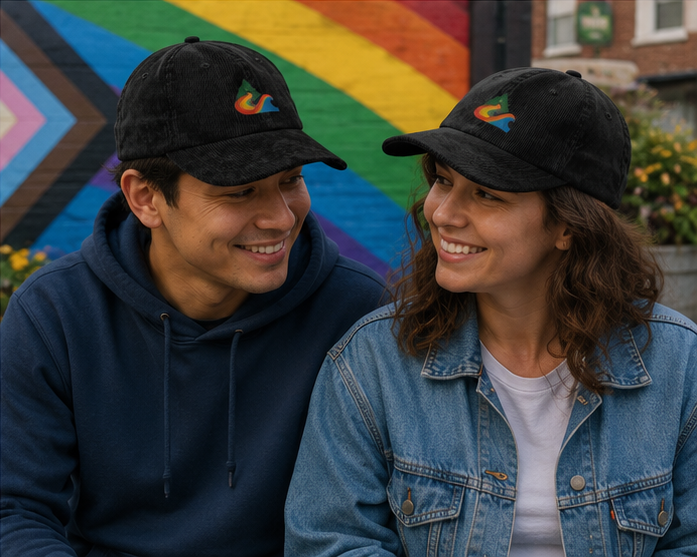 EverProud Logo Minimalist Corduroy Cap in a Pacific Northwest Pride mural — queer-owned PNW Pride apparel, front view