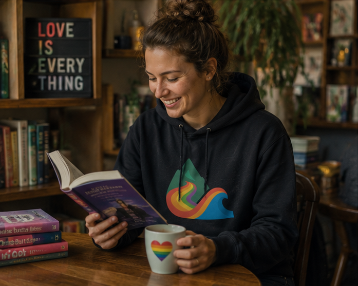 EverProud Logo Minimalist Hoodie at a cozy Pacific Northwest bookstore café — queer-owned PNW Pride apparel, front view