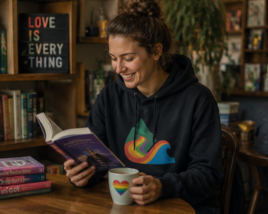 EverProud Logo Minimalist Hoodie at a cozy Pacific Northwest bookstore café — queer-owned PNW Pride apparel, front view