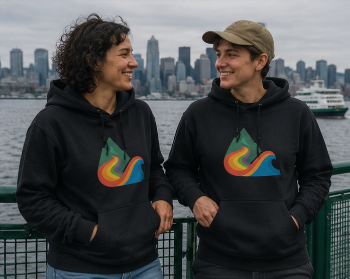 EverProud Logo Minimalist Hoodie on the Seattle waterfront — queer-owned PNW Pride apparel, front view