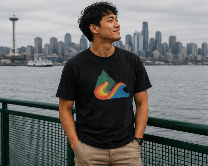 EverProud Logo Minimalist T-Shirt on the Seattle waterfront — queer-owned PNW Pride apparel, front view
