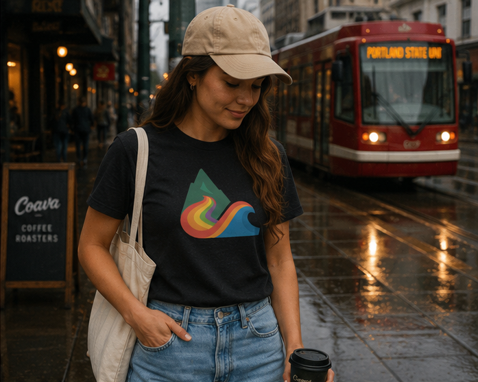 EverProud Logo Minimalist T-Shirt at a rainy Portland streetcar stop — queer-owned PNW Pride apparel, front view