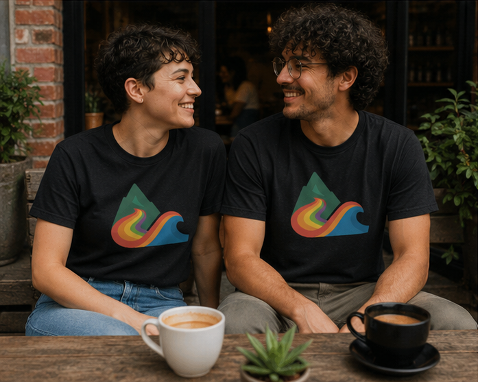 EverProud Logo Minimalist T-Shirt at a Pacific Northwest coffee shop — queer-owned PNW Pride apparel, front view