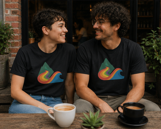 EverProud Logo Minimalist T-Shirt at a Pacific Northwest coffee shop — queer-owned PNW Pride apparel, front view