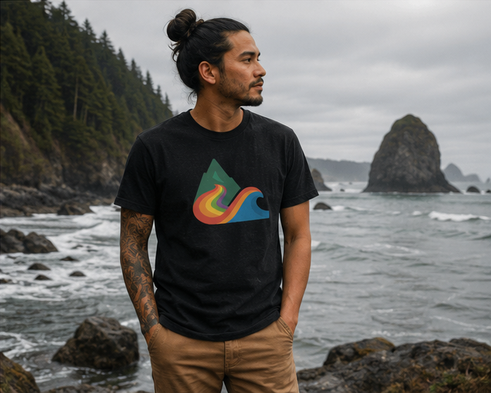 EverProud Logo Minimalist T-Shirt on the rocky Pacific Northwest coast — queer-owned PNW Pride apparel, front view