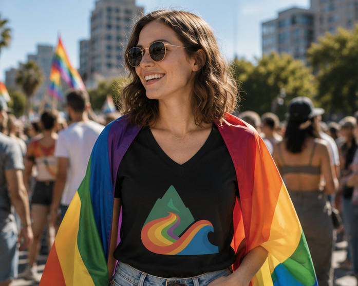 EverProud Logo Minimalist Women's Relaxed V-Neck T-Shirt at a sunny Pride community gathering — PNW Pride apparel, front view