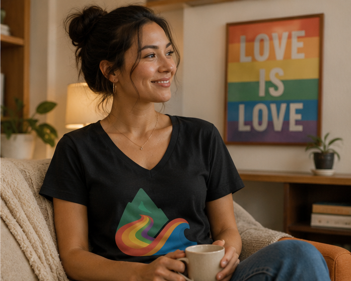 EverProud Logo Minimalist Women's Relaxed V-Neck T-Shirt in a cozy home Pride moment — queer-owned PNW Pride apparel, front view