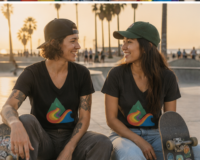 EverProud Logo Minimalist Women's Relaxed V-Neck T-Shirt at a Pacific Northwest skate park at golden hour — PNW Pride apparel, front view