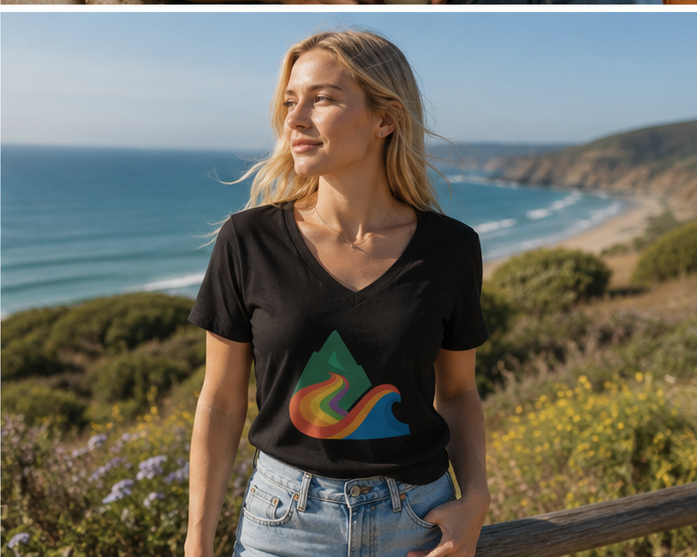 EverProud Logo Minimalist Women's Relaxed V-Neck T-Shirt on a bright Pacific Northwest coastal overlook — PNW Pride apparel, front view