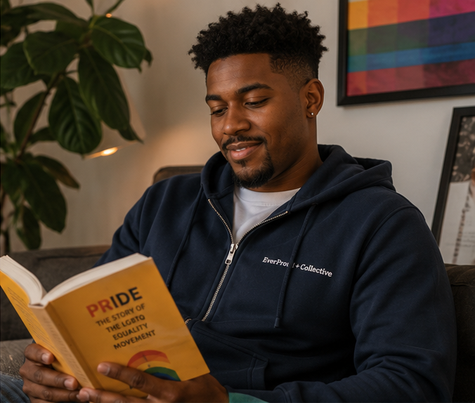 EverProud Logo Minimalist Zip Hoodie in a cozy home reading nook — queer-owned PNW Pride apparel, front view