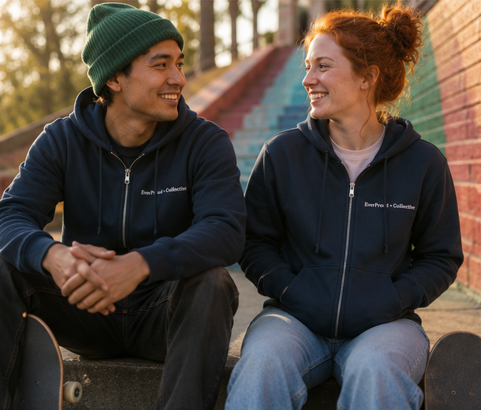 EverProud Logo Minimalist Zip Hoodie at a Pacific Northwest skate park at golden hour — queer-owned PNW Pride apparel, front view