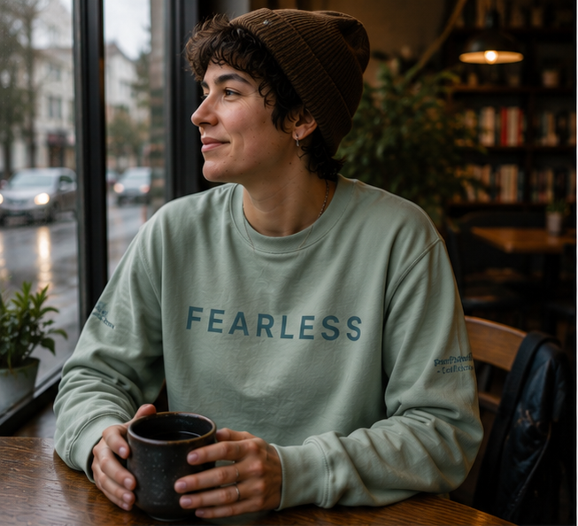 Fearless Sweatshirt at an urban Pacific Northwest bookstore coffee shop — queer-owned PNW Pride apparel, front view