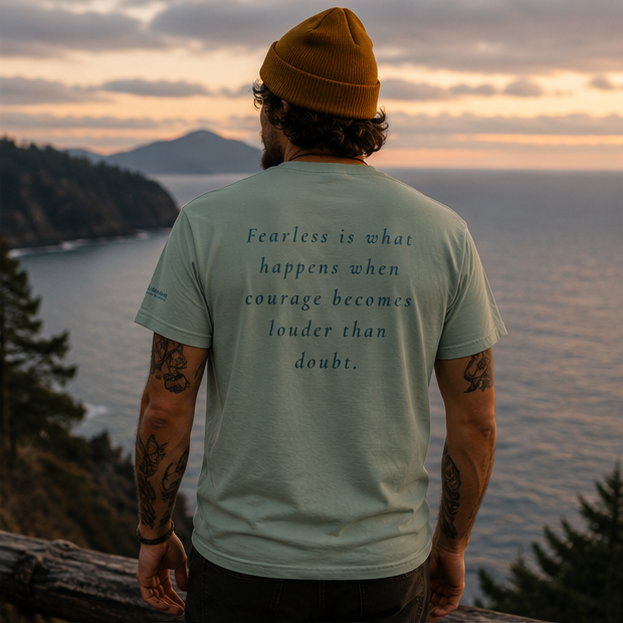 Fearless T-Shirt on a Pacific Northwest coastal overlook — queer-owned PNW Pride apparel, back view