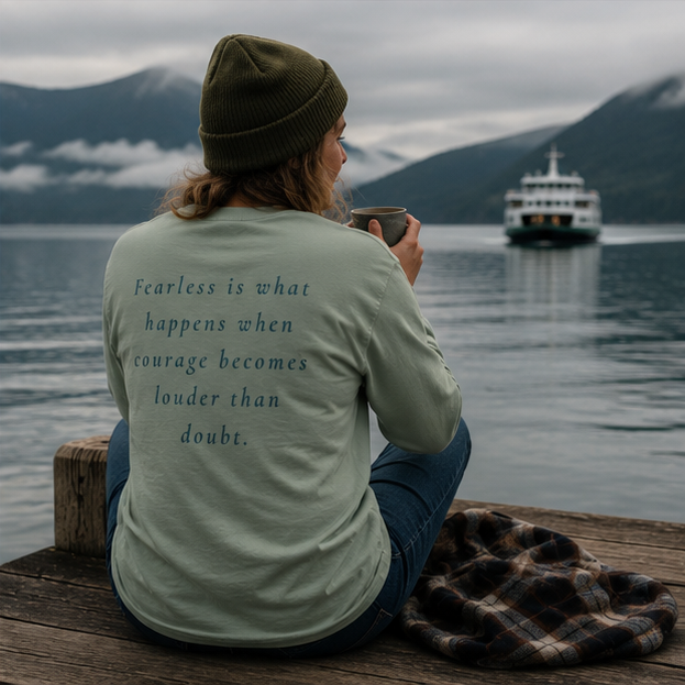 Fearless T-Shirt at a Pacific Northwest ferry dock — queer-owned PNW Pride apparel, back view