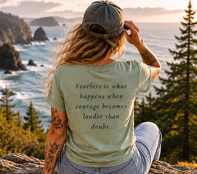 Fearless Women's Relaxed T-Shirt on a Pacific Northwest coastal overlook — queer-owned PNW Pride apparel, back view
