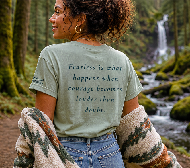 Fearless Women's Relaxed T-Shirt at a Pacific Northwest forest waterfall — queer-owned PNW Pride apparel, back view
