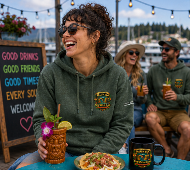 Ferry to Fabulous Hoodie at a Pacific Northwest marina brunch deck — queer-owned PNW Pride apparel, front view