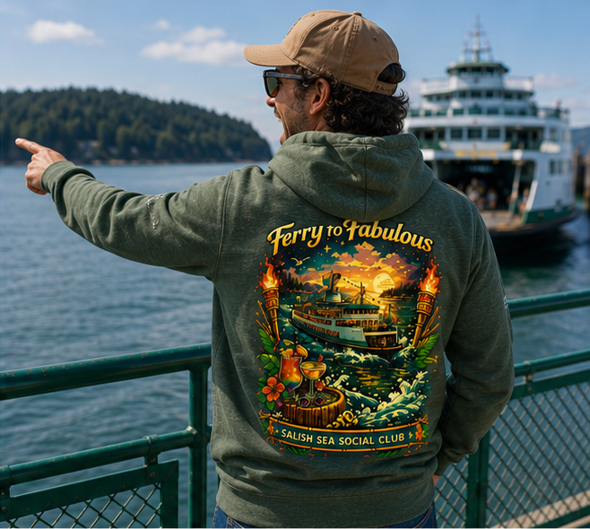 Ferry to Fabulous Hoodie at a Pacific Northwest ferry terminal — queer-owned PNW Pride apparel, back view