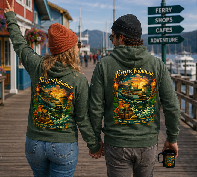 Ferry to Fabulous Hoodie at a Pacific Northwest marina walkway — queer-owned PNW Pride apparel, back view