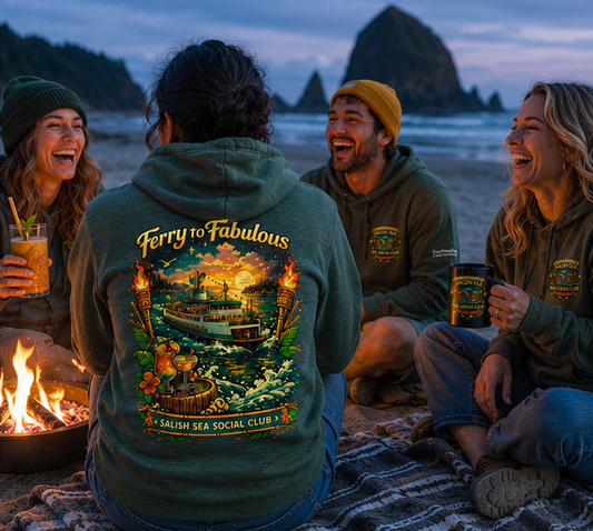 Ferry to Fabulous Hoodie on a Pacific Northwest beach bonfire — queer-owned PNW Pride apparel, back view