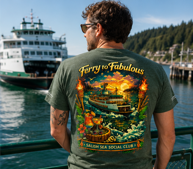 Ferry to Fabulous T-Shirt at a Pacific Northwest ferry terminal — queer-owned PNW Pride apparel, back view