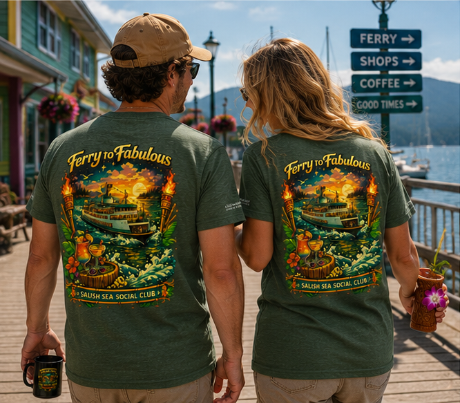 Ferry to Fabulous T-Shirt at a Pacific Northwest marina walkway — queer-owned PNW Pride apparel, back view