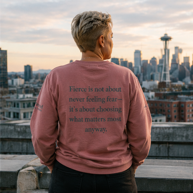 Fierce Sweatshirt at a Seattle rooftop — queer-owned PNW Pride apparel, back view