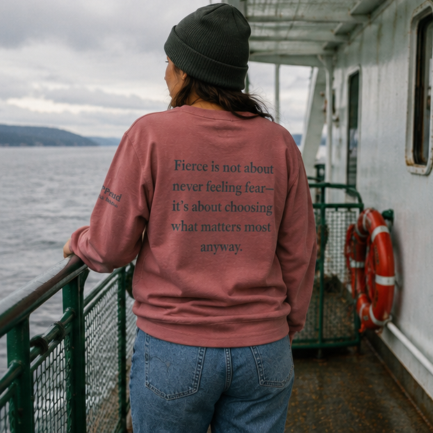 Fierce Sweatshirt at a Pacific Northwest ferry deck — queer-owned PNW Pride apparel, back view