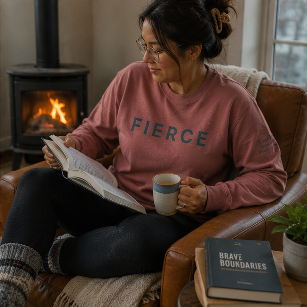 Fierce Sweatshirt at a cozy Pacific Northwest cabin fireplace — queer-owned PNW Pride apparel, front view
