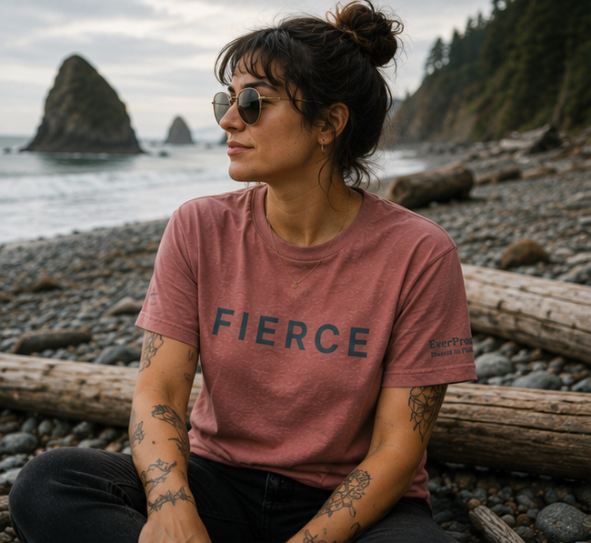 Fierce T-Shirt on the rocky Pacific Northwest coast — queer-owned PNW Pride apparel, front view