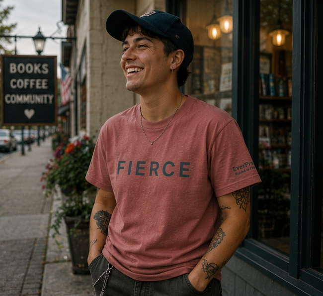 Fierce T-Shirt in a Pacific Northwest bookstore street — queer-owned PNW Pride apparel, front view