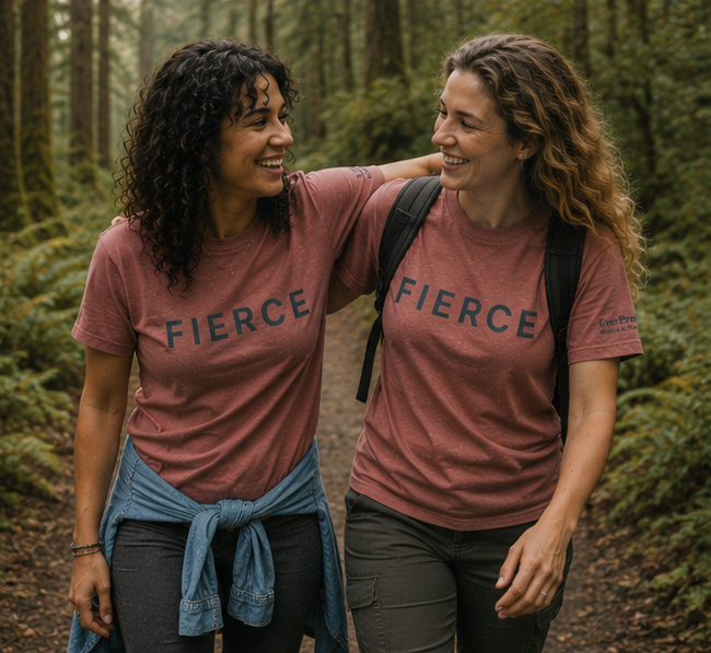 Fierce T-Shirt at a Pacific Northwest forest trail — queer-owned PNW Pride apparel, front view