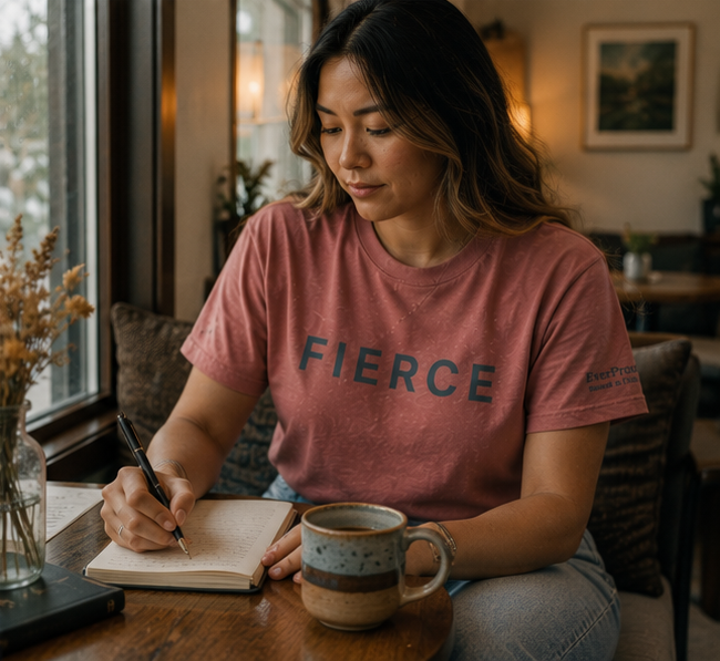Fierce T-Shirt in a cozy window seat with a journal — queer-owned PNW Pride apparel, front view