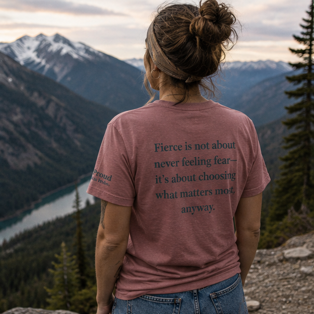Fierce Women's Relaxed T-Shirt at a Pacific Northwest mountain overlook — queer-owned PNW Pride apparel, back view