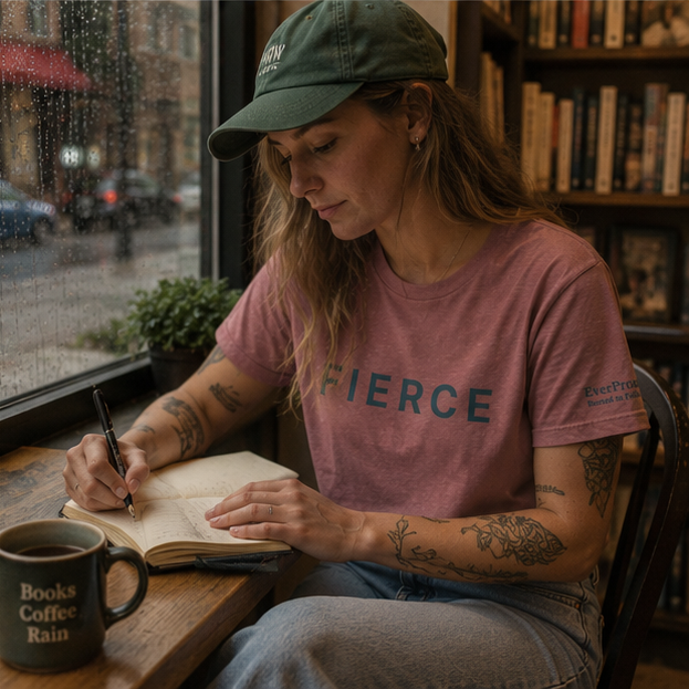 Fierce Women's Relaxed T-Shirt in a Pacific Northwest bookstore with a journal — queer-owned PNW Pride apparel, front view