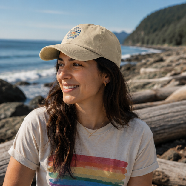 Heart of Pride Canvas Cap on the bright rocky Pacific Northwest coast — queer-owned PNW Pride apparel, front view