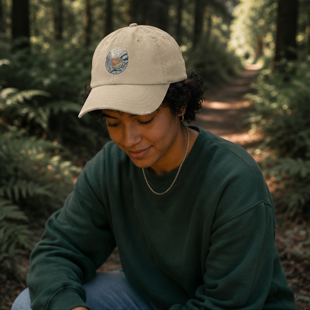 Heart of Pride Canvas Cap at a Pacific Northwest forest trail — queer-owned PNW Pride apparel, front view