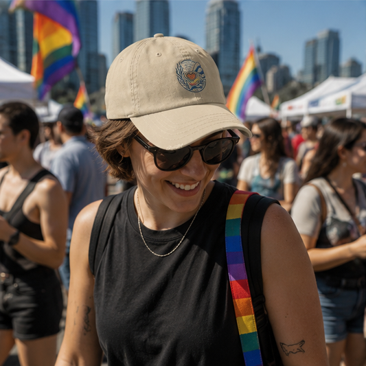Heart of Pride Canvas Cap at a Pride community gathering — queer-owned PNW Pride apparel, front view