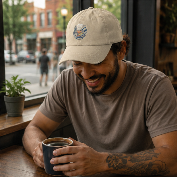 Heart of Pride Canvas Cap at a cozy Pacific Northwest café — queer-owned PNW Pride apparel, front view
