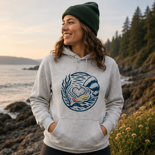 Heart of Pride Hoodie on the rocky Pacific Northwest coast — queer-owned PNW Pride apparel, front view