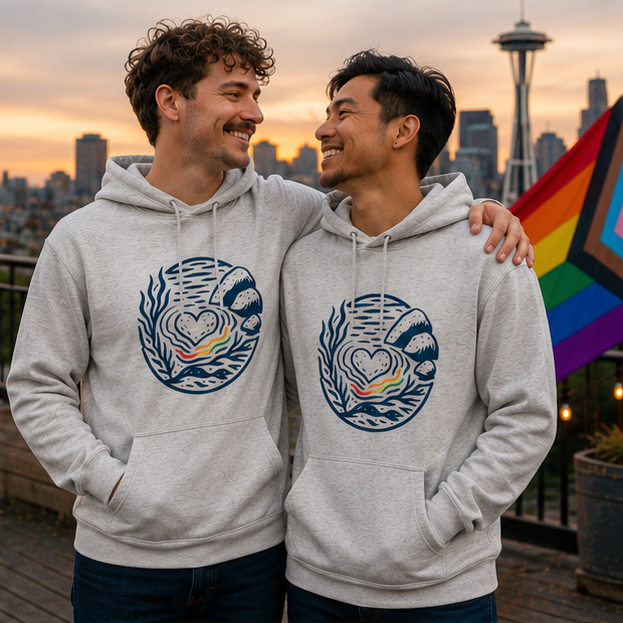 Heart of Pride Hoodie at a Seattle rooftop — queer-owned PNW Pride apparel, front view