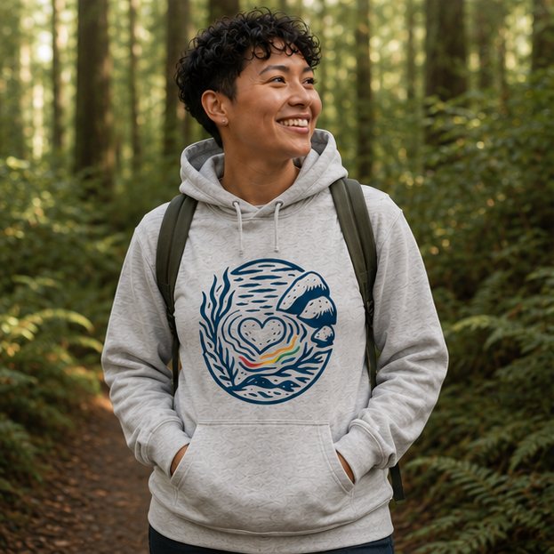 Heart of Pride Hoodie at a Pacific Northwest forest trail — queer-owned PNW Pride apparel, front view