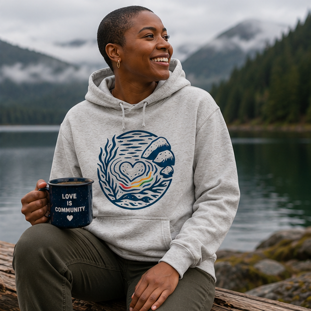 Heart of Pride Hoodie at a misty Pacific Northwest mountain lake — queer-owned PNW Pride apparel, front view