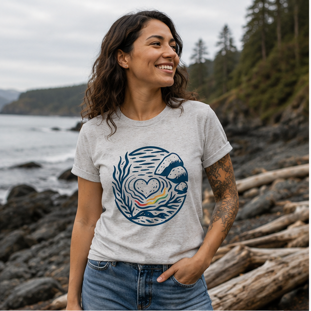 Heart of Pride T-Shirt on the rocky Pacific Northwest coast — queer-owned PNW Pride apparel, front view