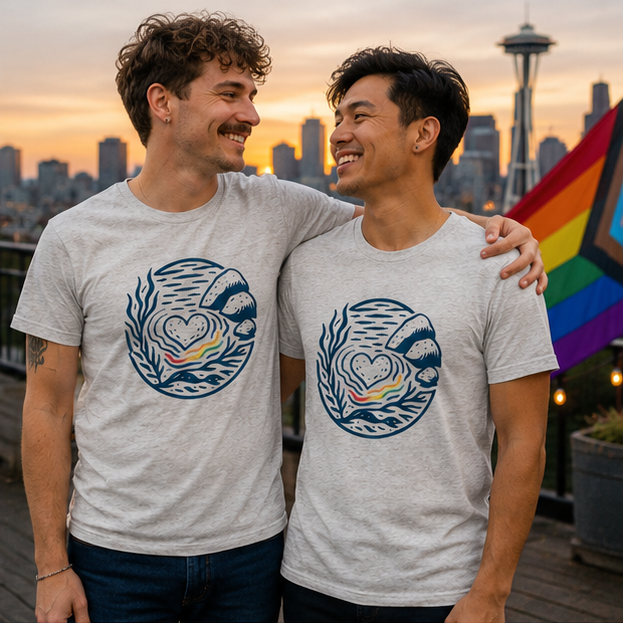 Heart of Pride T-Shirt at a Seattle rooftop — queer-owned PNW Pride apparel, front view