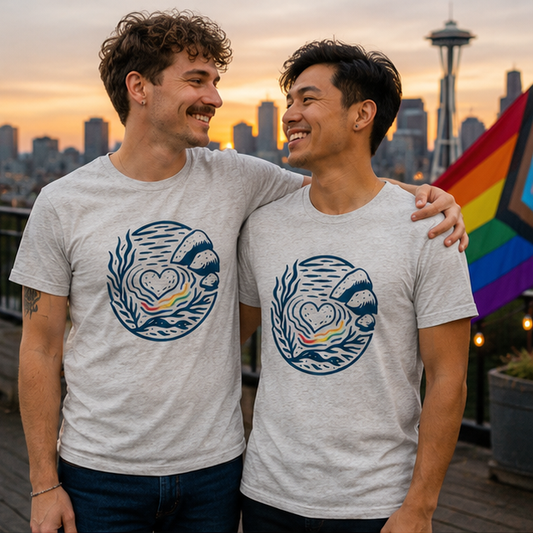 Heart of Pride T-Shirt at a Seattle rooftop — queer-owned PNW Pride apparel, front view