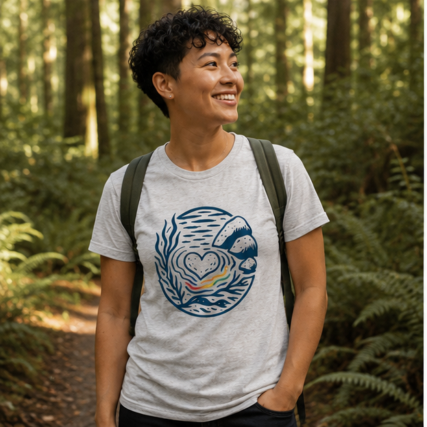 Heart of Pride T-Shirt at a Pacific Northwest forest trail — queer-owned PNW Pride apparel, front view